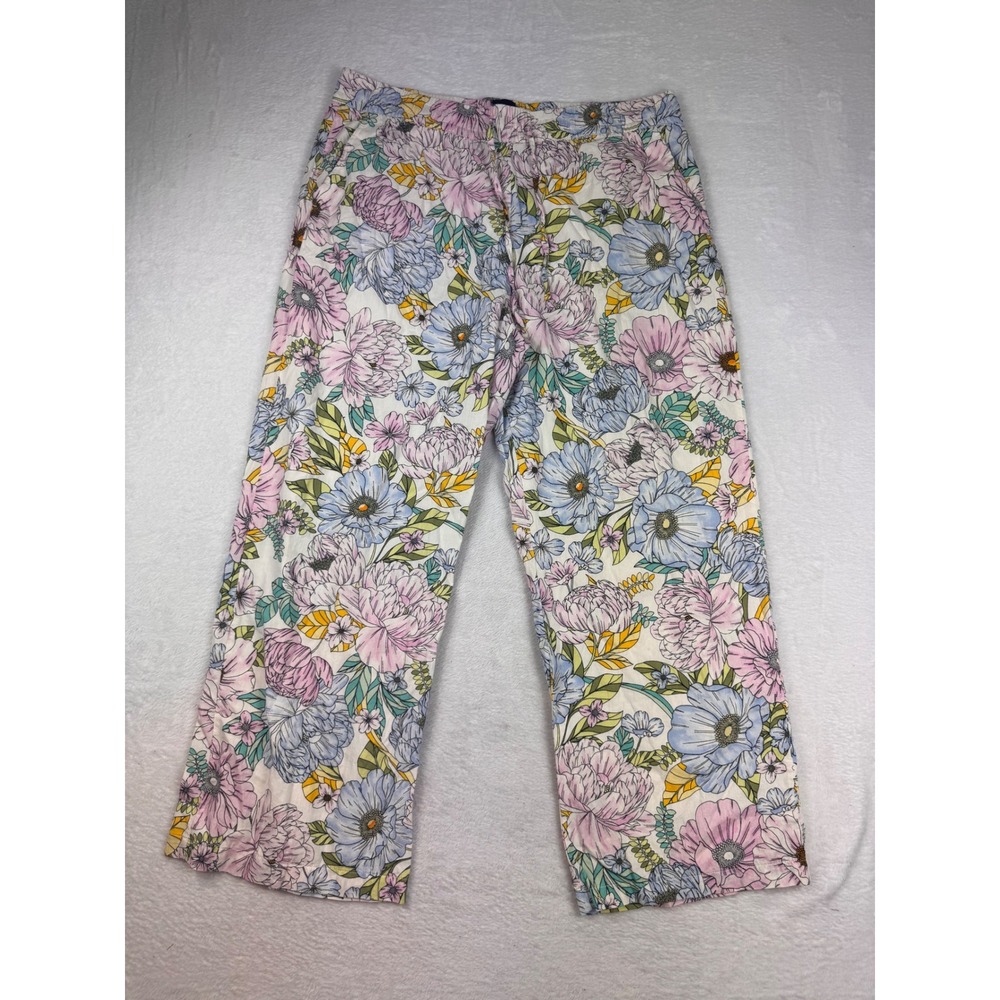 Gap Women XL Floral Wide Leg Cotton Pants Elastic Waist Pink Blue Botanical